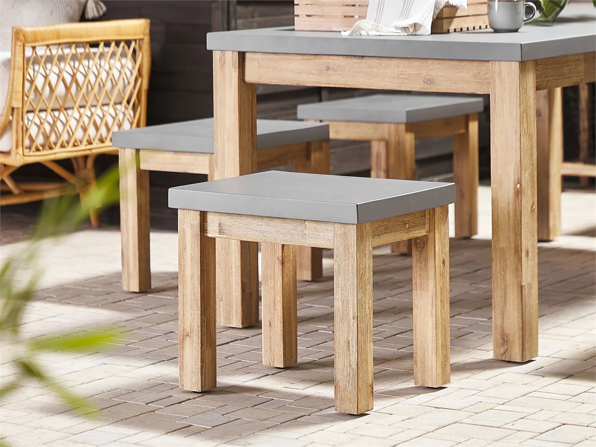 Conjunto De Jardín Mesa 2 Bancos Y 2 Taburetes De Cemento Reforzado Gris/madera Clara OSTUNI - Imagen 5
