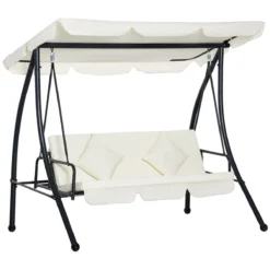 Outsunny Columpio Balancín Jardín De 3 Plazas Convertible En Cama Con Techo Ajustable Cojín Acolchado Y Almohadas Para Balcón Terraza Carga 340 Kg Acero 200x125x170 Cm Crema