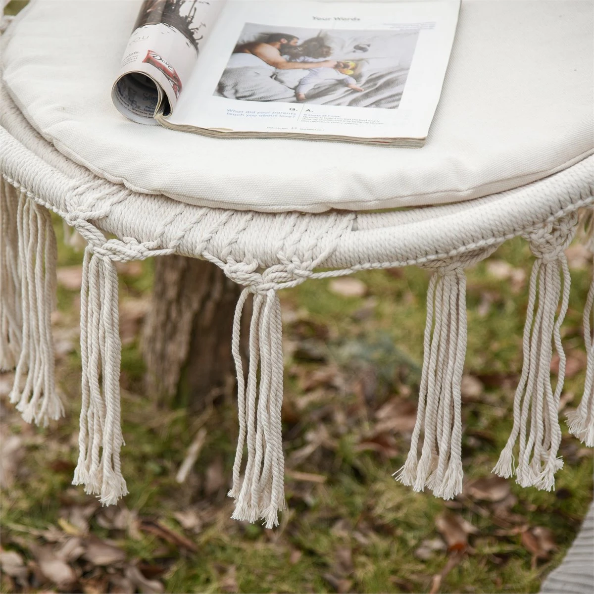 Outsunny Silla Colgante Redondo De Ø60 Cm Silla Hamaca Columpio Con Cojín Y Cuerda De Algodón Para Interior Y Exterior 80x80x42 Cm Beige - Imagen 6