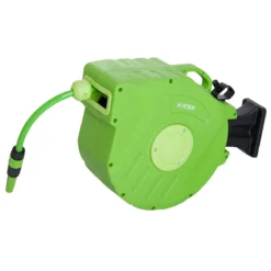 Outsunny Carrete Para Manguera 15M+1,5M Soporte Mural Portamanguera Roll-up Automático Giratorio 180° Con Pistola De Pulverización Base De Pared Conector De Manguera Para Jardín Terraza