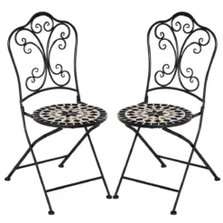 Outsunny Set De 2 Sillas De Jardín Plegables Con Asiento De Mosaico Cerámico Y Marco De Metal Carga 120 Kg Para Bistró Terraza Patio Exterior 40x50x92 Cm Negro