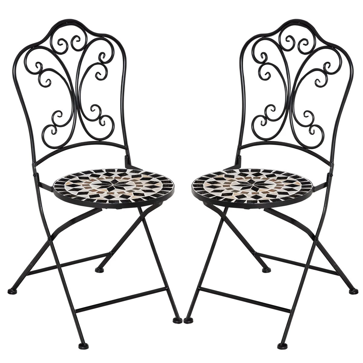 Outsunny Set De 2 Sillas De Jardín Plegables Con Asiento De Mosaico Cerámico Y Marco De Metal Carga 120 Kg Para Bistró Terraza Patio Exterior 40x50x92 Cm Negro
