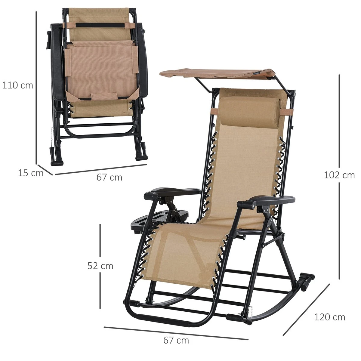 Outsunny Silla Mecedora De Jardín Plegable Tumbona Reclinable Con Techo Protección Solar Reposacabezas Extraíble Y Reposapiés Estructura De Acero 120x67x102 Cm Beige - Imagen 3